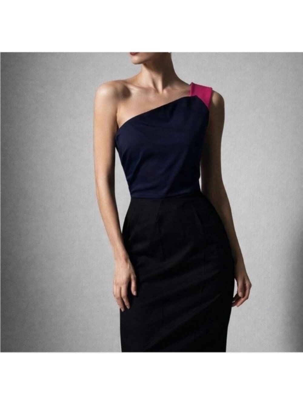 Elegant One-Shoulder Navy and Pink Mini Dress